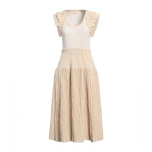 BiBi Beige Midi Dress with Ruffle Accents